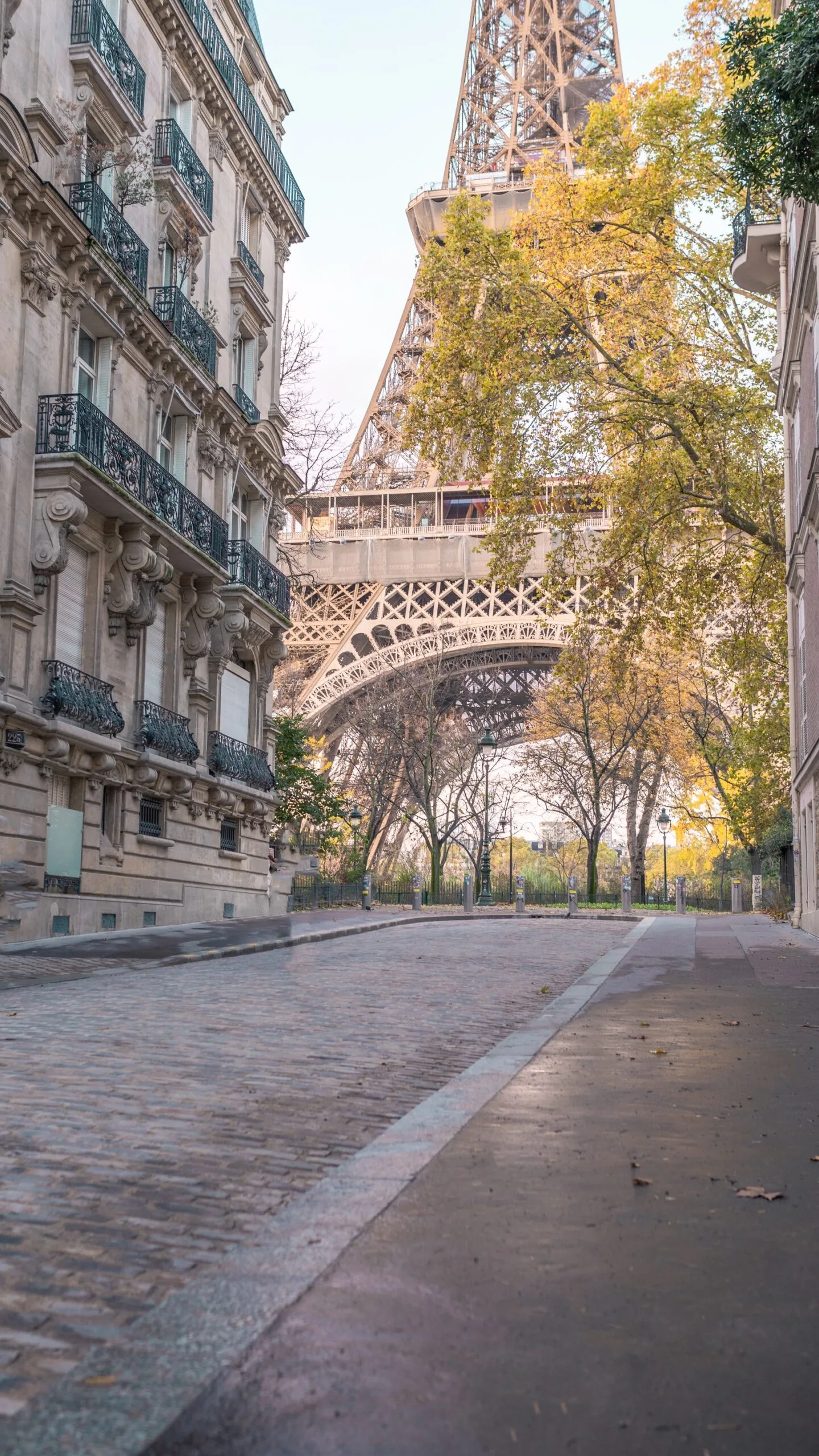 Quiet cobblestone street framed by Haussmannian buildings and trees with the Eiffel Tower rising in the background.