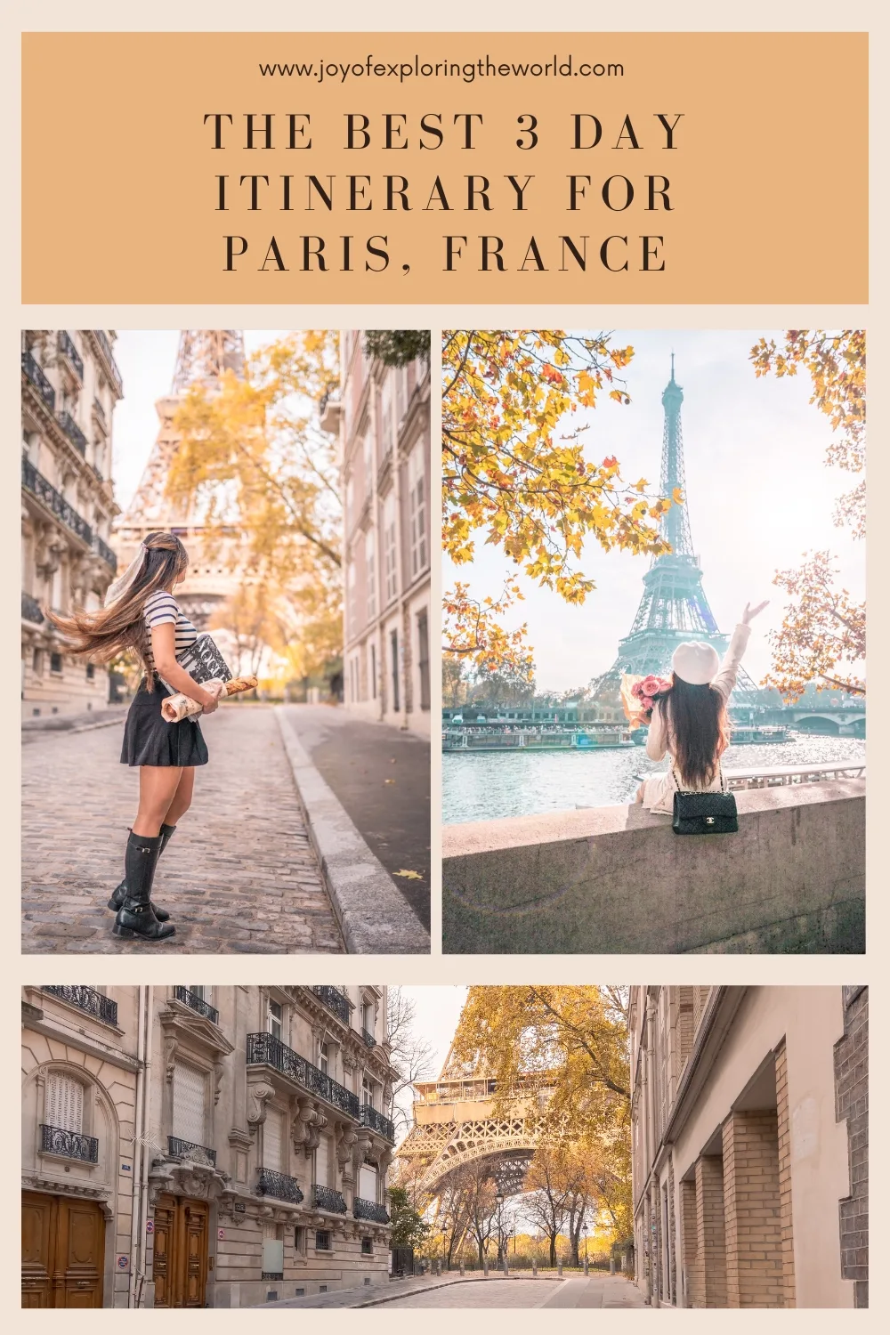 Collage of autumnal Paris scenes featuring the Eiffel Tower, riverside view with a woman holding flowers, and a cobbled street with a traveler.