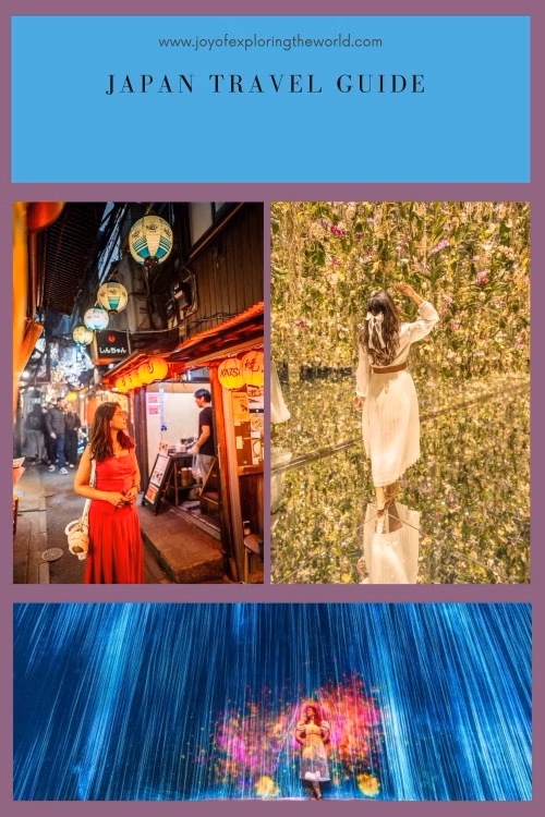 Collage-style Japan travel guide cover with a neon-lit street, a woman in a flower garden, and a blue light installation