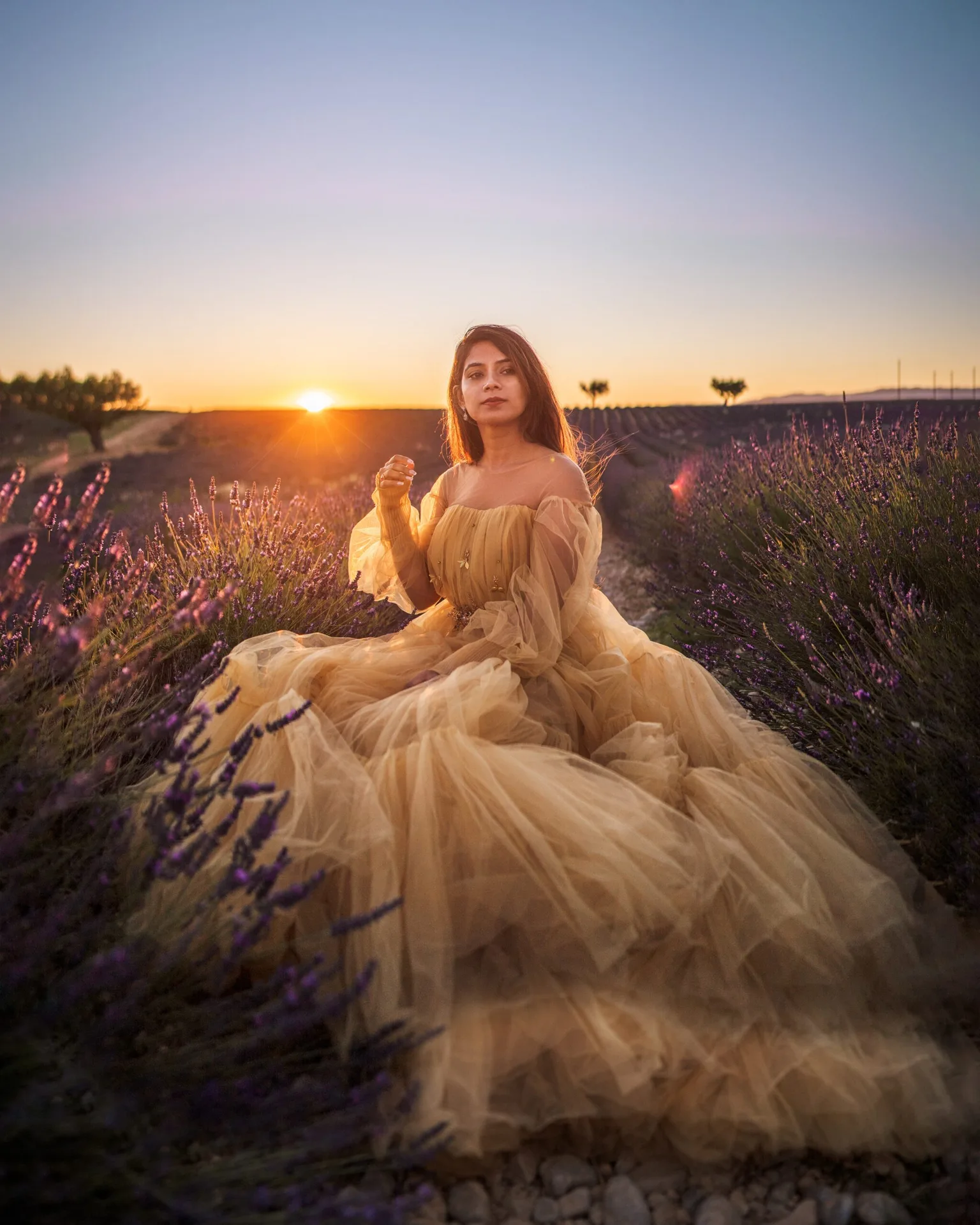 Woman in a flowing golden gown seated in lavender rows at sunset in Valensole, Provence, with warm light and purple blooms around her.