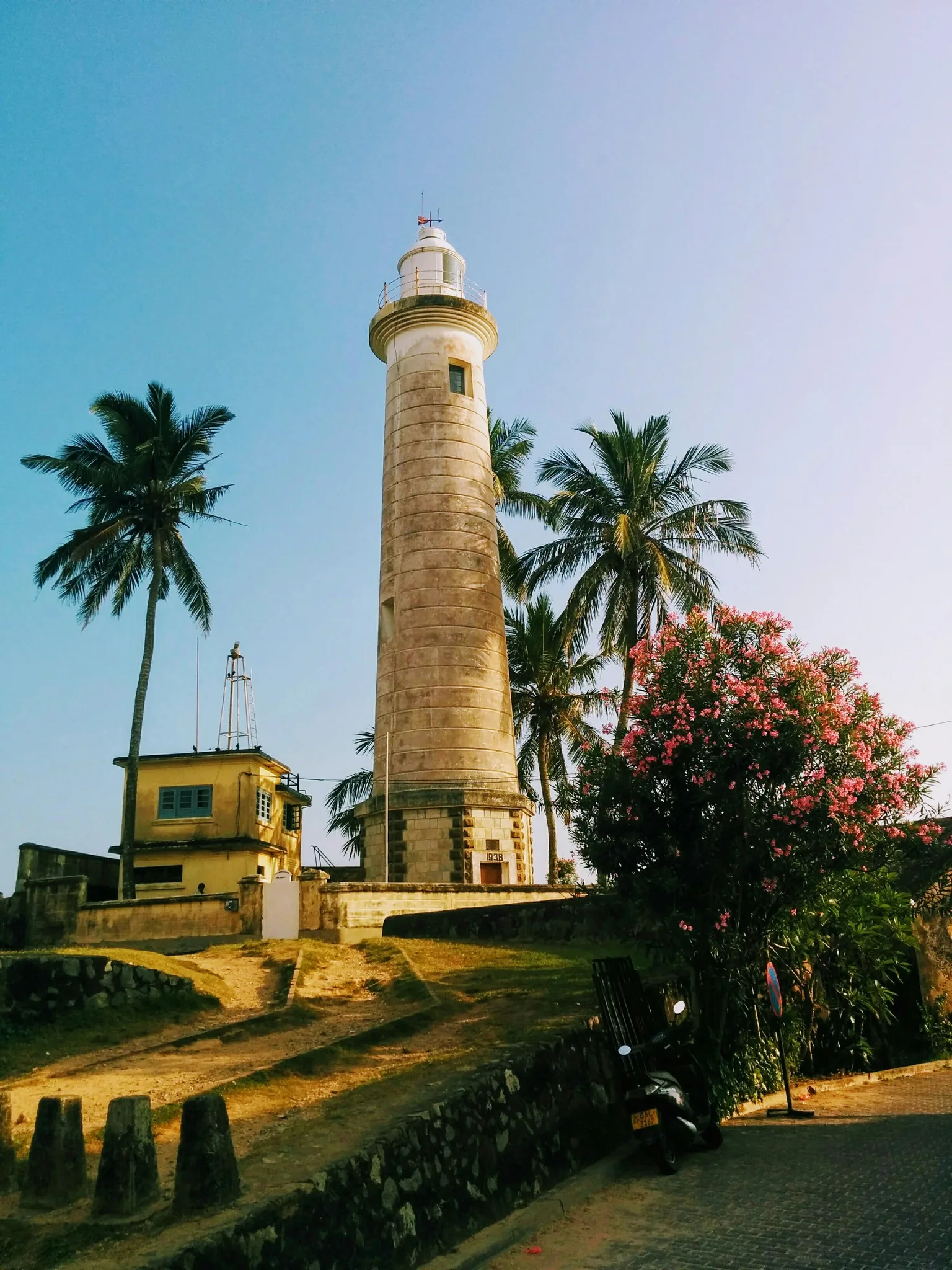 Lighthouse surrounded by palm trees.