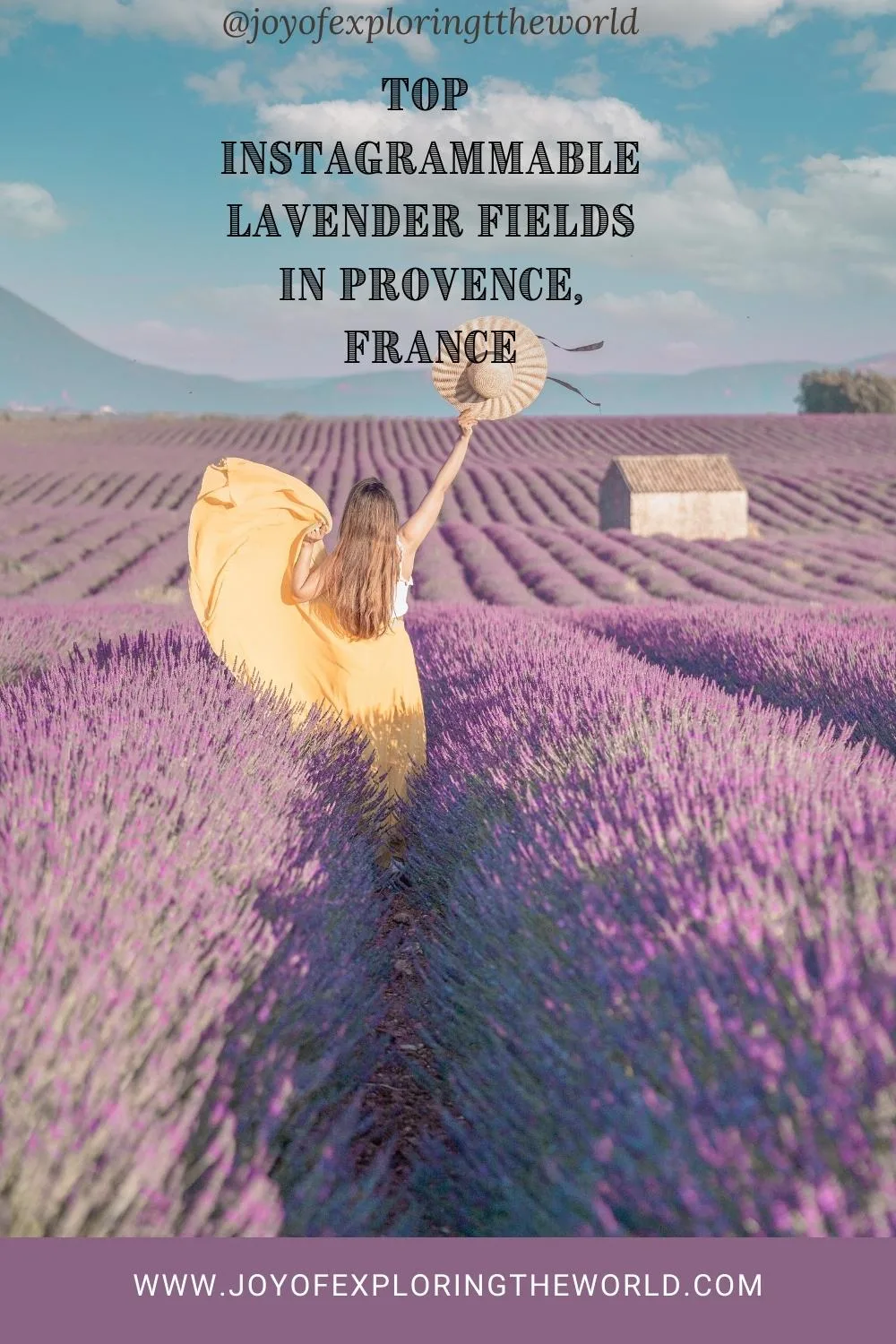 Woman in a yellow dress holding a straw hat and walking through rows of blooming lavender with a small stone hut in the distance.