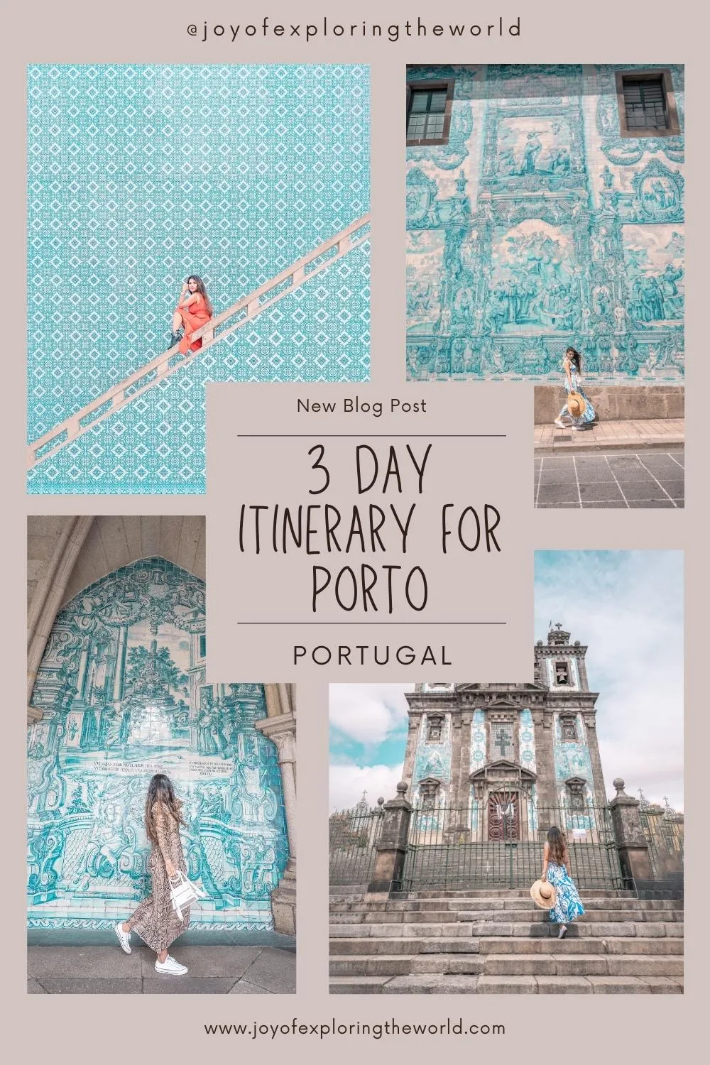 Collage of turquoise azulejo-tiled walls and a traveller exploring Porto landmarks, promoting a three-day itinerary in Portugal.