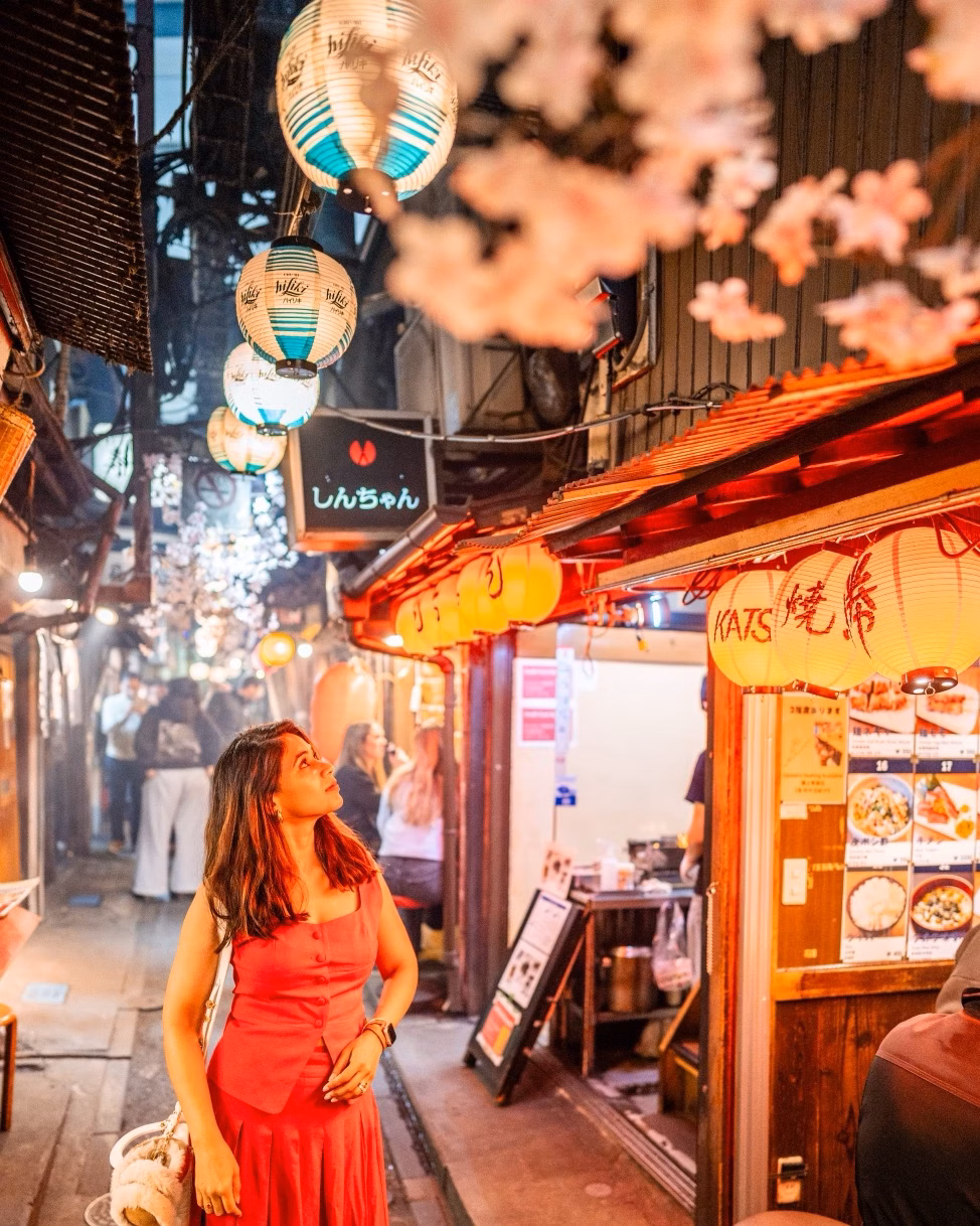Best Things to Do in Tokyo Japan - Omoide Yokocho street Memory lane with a woman in red outfit