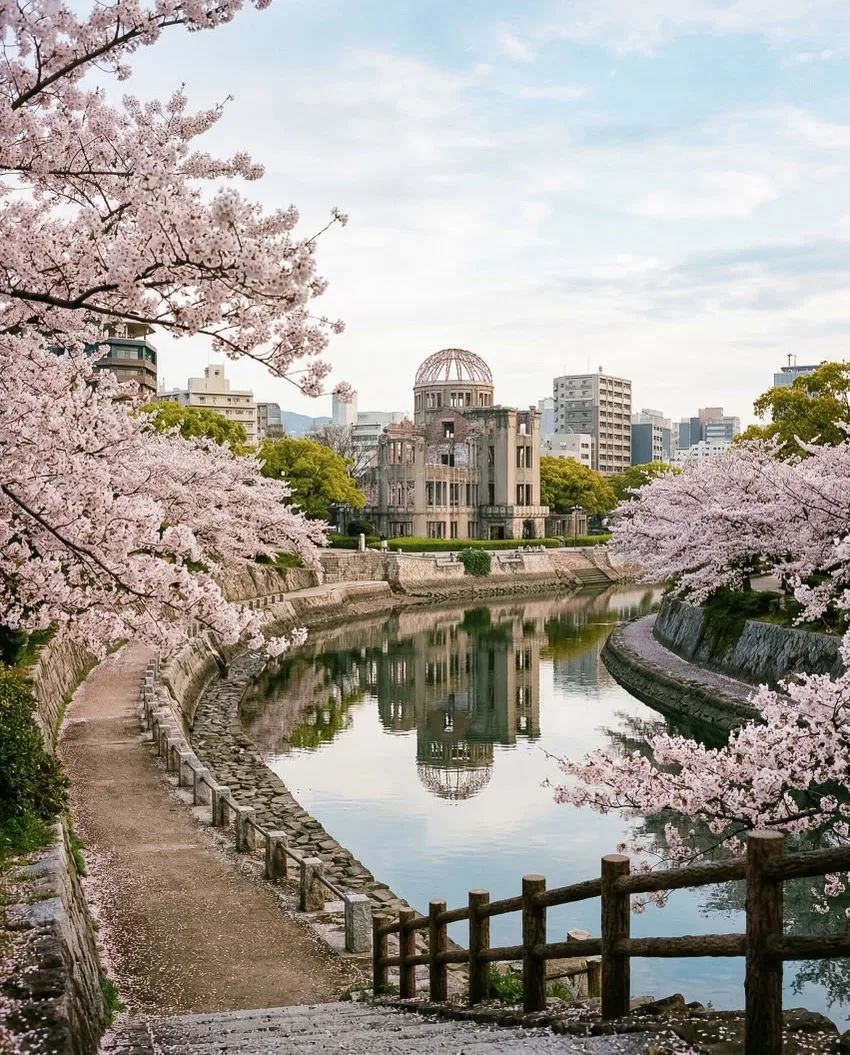 A riverside view of the A-Bomb Dome framed by blooming cherry blossoms and reflected in the calm water.